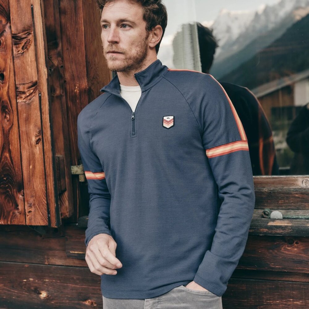 Marine Layer Archive Mens Navy Blue Retro Stripe Quarter Zip Pullover Medium